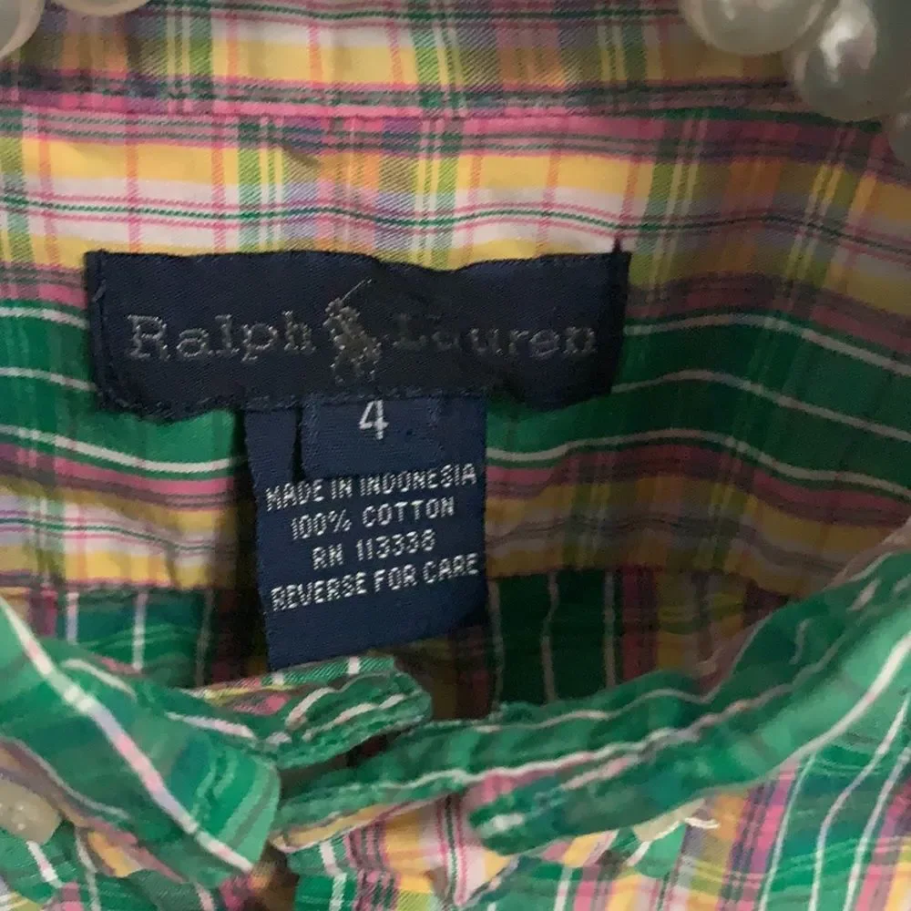 Polo Ralph Lauren Boys Shirt Size 4 Green Plaid Short Sleeve 100% Cotton Pony